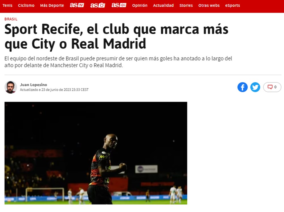 Jornal exalta Sport, que tem mais gols que City e Real em 2023