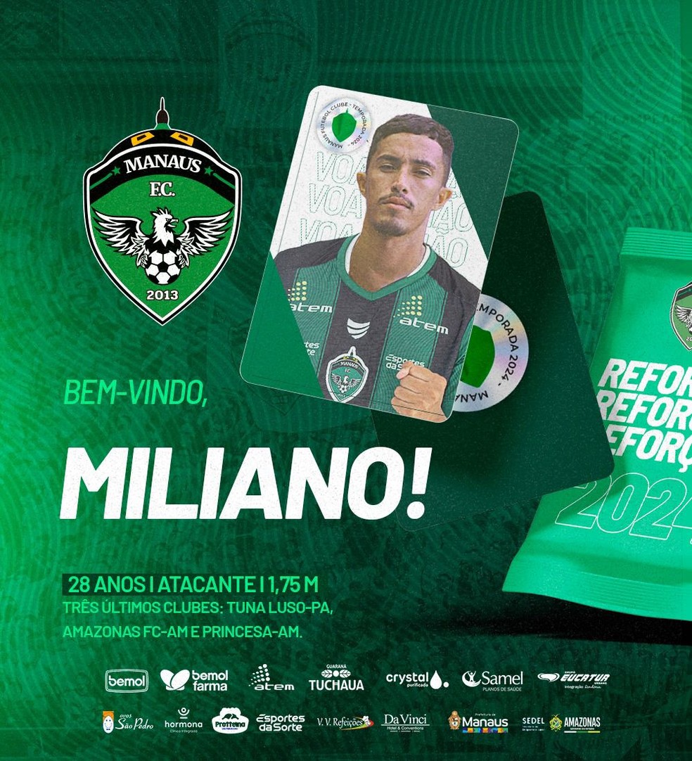 Miliano &eacute; anunciado pelo Manaus &mdash; Foto: Divulga&ccedil;&atilde;o