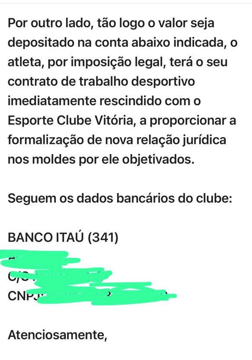 E-mail do diretor de futebol do Vitória ao Grêmio — Foto: ge