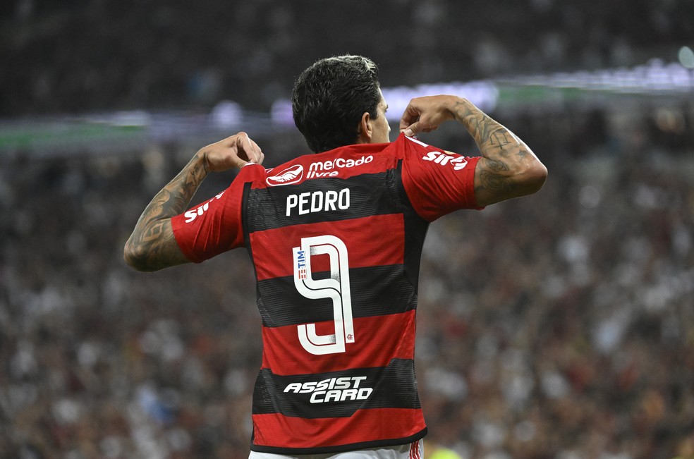 Pedro mostra camisa para a torcida, Flamengo, Palmeiras — Foto: André Durão