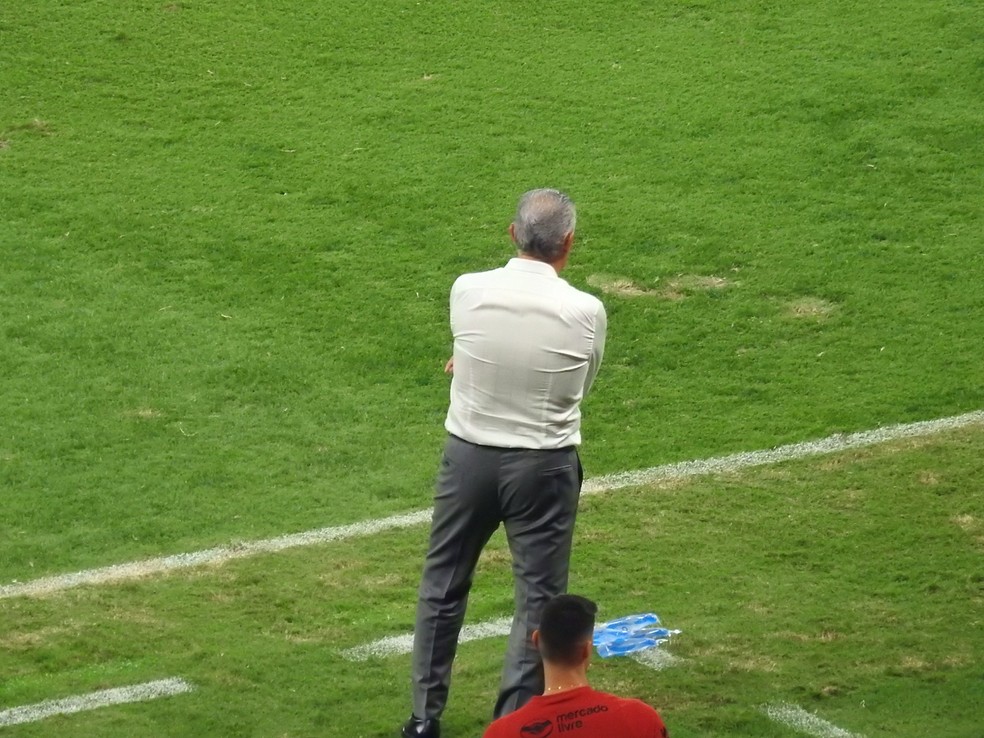 Tite ficou a maior parte do tempo no cantinho direito da área técnica — Foto: Fred Gomes / ge