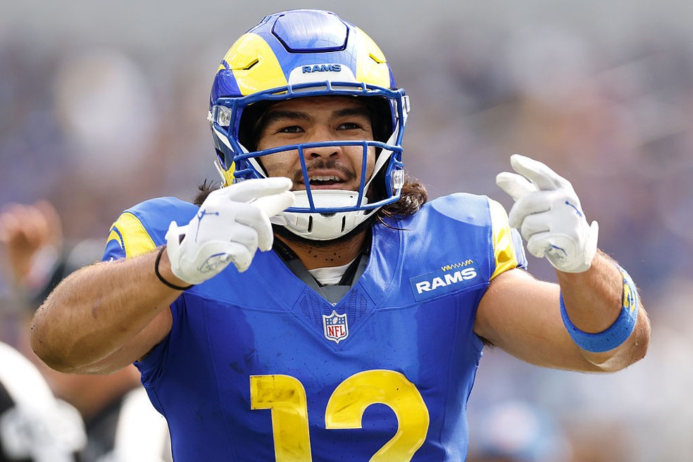 Puka Nacua em ação na vitória dos Rams sobre os Colts — Foto: Ronald Martinez/Getty Images