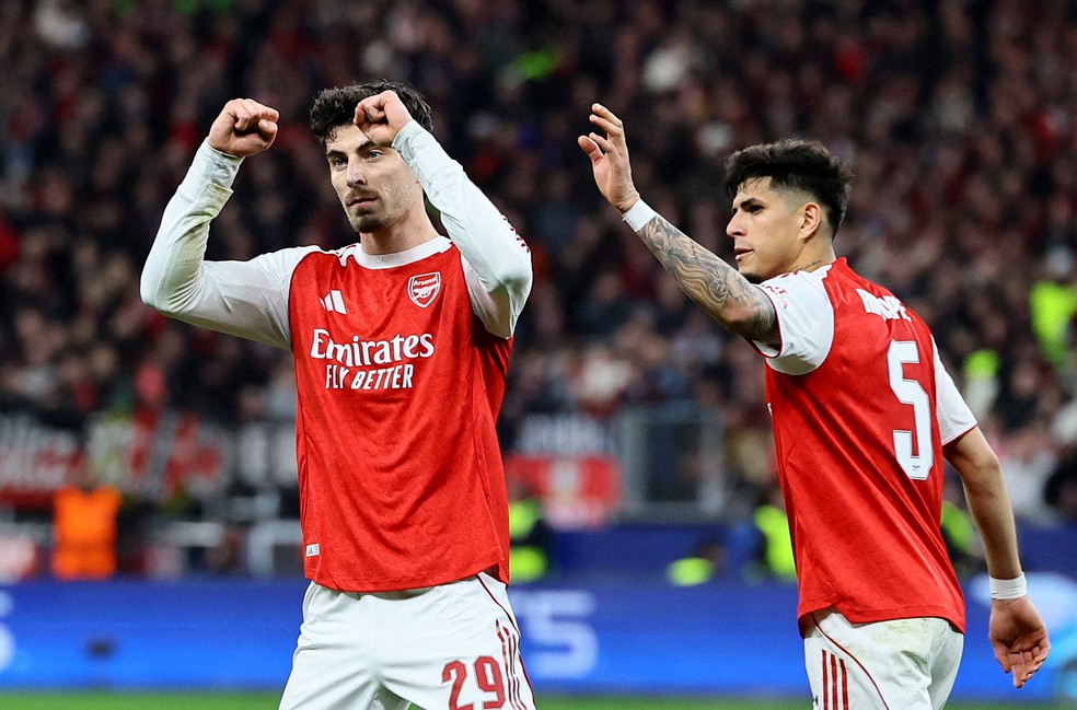 Havertz comemora o gol marcado pelo Arsenal contra o Bayer Leverkusen — Foto: Reuters