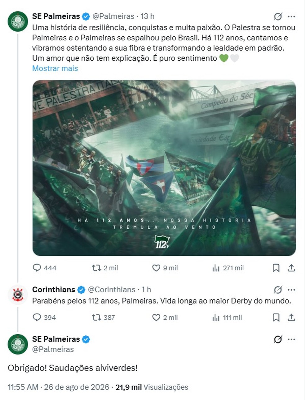 Corinthians parabeniza Palmeiras pelo anivers&aacute;rio de 112 anos &mdash; Foto: Reprodu&ccedil;&atilde;o