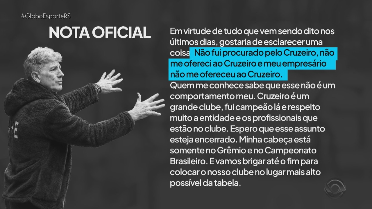 Renato nega contato do Cruzeiro e garante foco no Grêmio