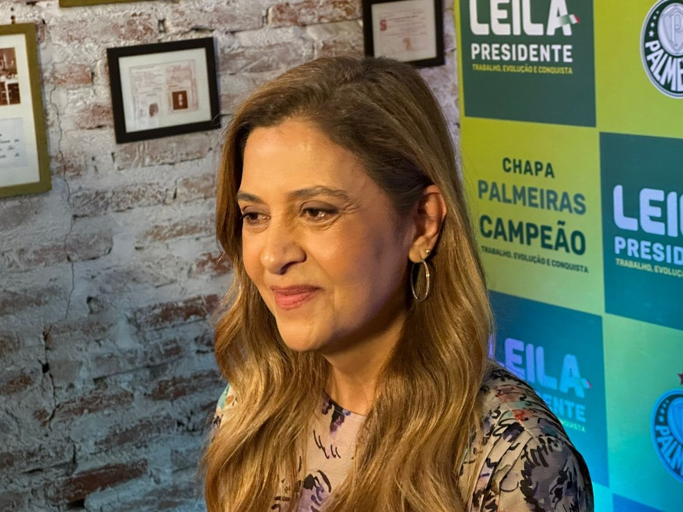 Leila Pereira no lançamento da candidatura à reeleição no Palmeiras — Foto: Thiago Ferri
