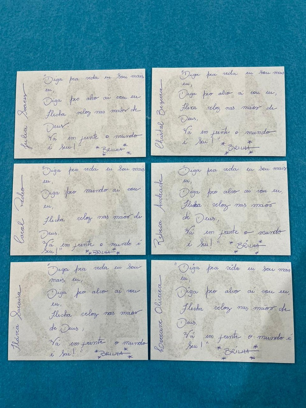 Recadinho escrito por Juliana Fajardo para cada atleta antes do Mundial de 2022, em Liverpool, como forma de incentivo — Foto: Arquivo pessoal