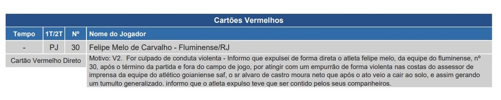 Súmula relata expulsão de Felipe Melo em derrota do Flu — Foto: Reprodução