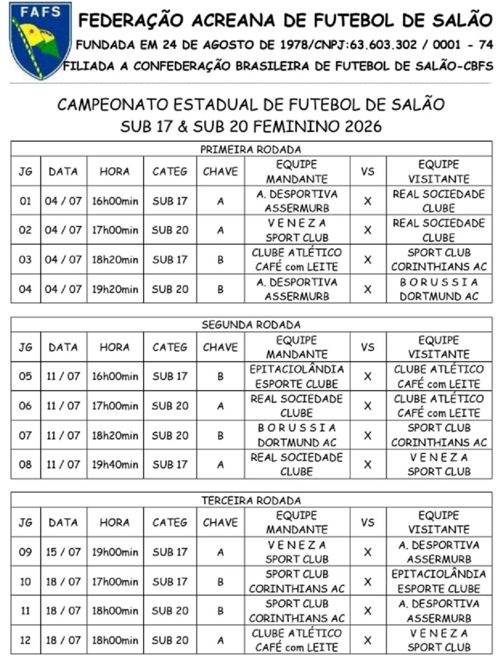 Tabela do Acreano de Futsal — foto da tabela