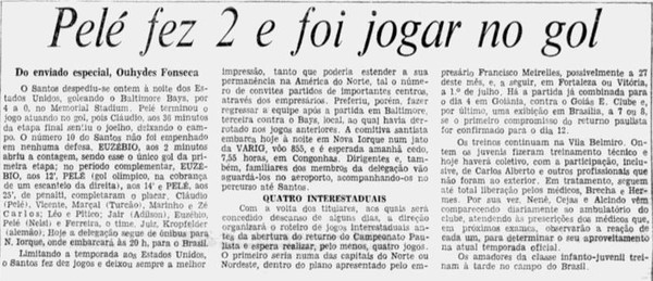 Pelé se despede do gol do Santos na carreira nos EUA — Foto: Reprodução / A Tribuna