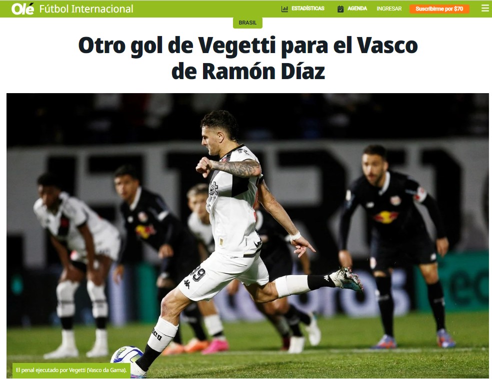 Olé repercuti gol de Vegetti em Bragantino x Vasco — Foto: Reprodução