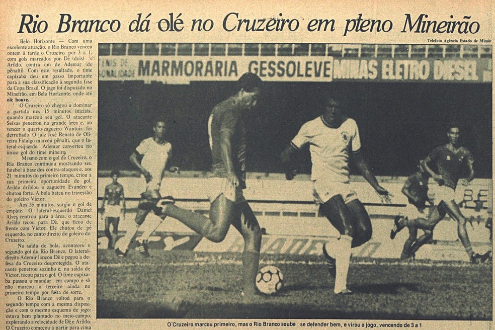 Registro da vitória de 3 a 1 do Rio Branco-ES, sobre o Cruzeiro, no Mineirão, em 1984 — Foto: Arquivo/Cedoc/A Gazeta