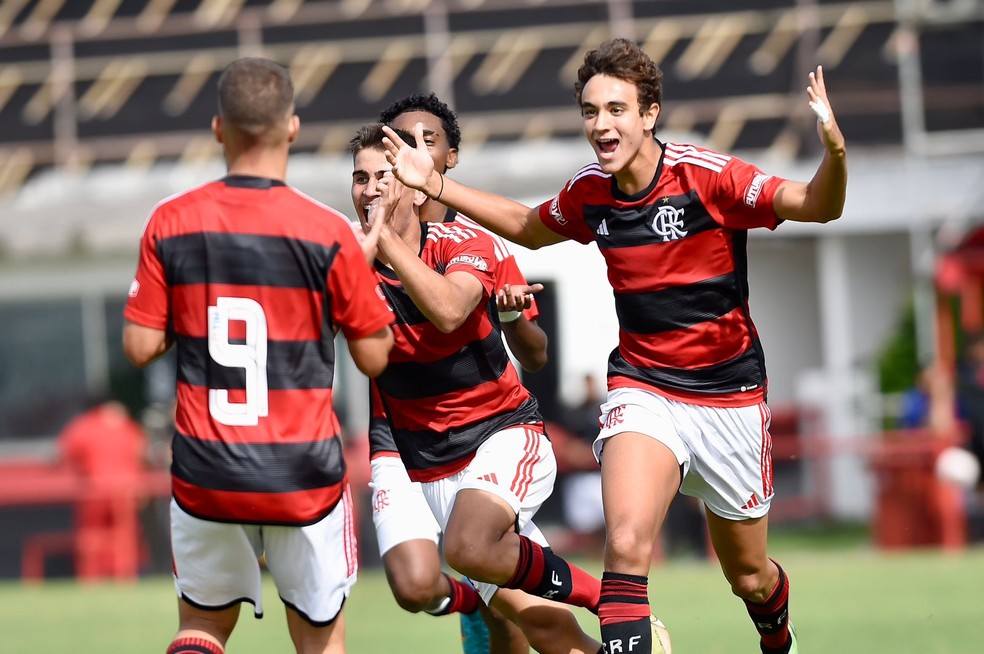 Rubro-negros comemoram gol da vit&oacute;ria sobre o Flu &mdash; Foto: Marcelo Cortes/Flamengo