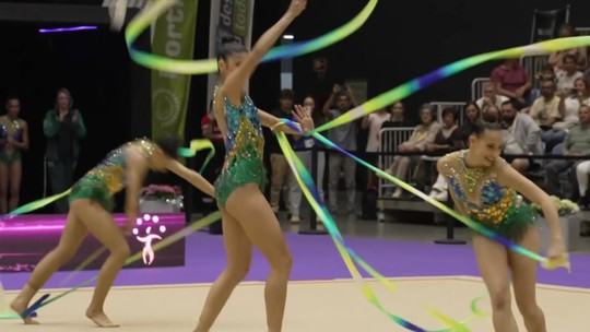 Brasil fatura mais um ouro na Copa do Mundo de ginástica rítmica com maior nota do ano - Depois de ouro inédito na prova geral, conjunto brasileiro brilha na prova de cinco fitas e volta ao topo do pódio na etapa de Portugal da Copa do Mundo