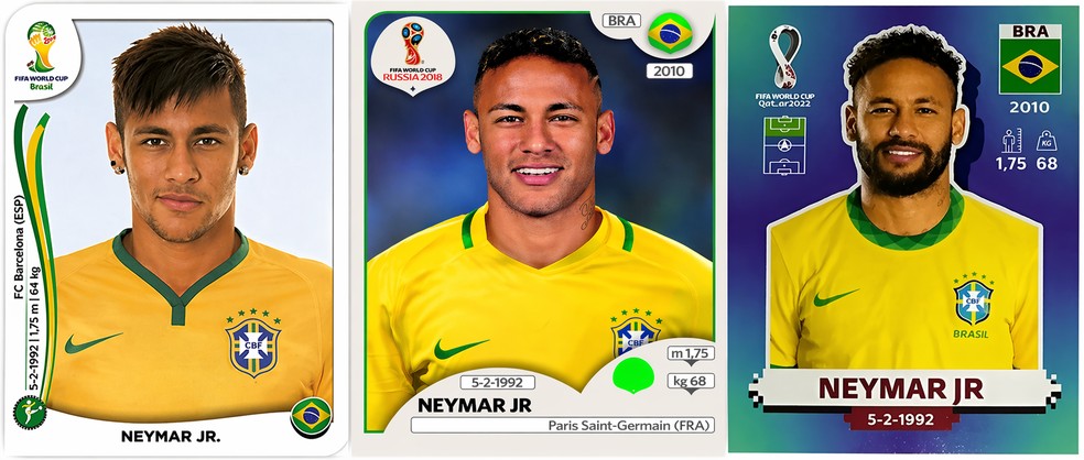 Figurinhas de Neymar nos álbuns das últimas Copas do Mundo — Foto: Reprodução