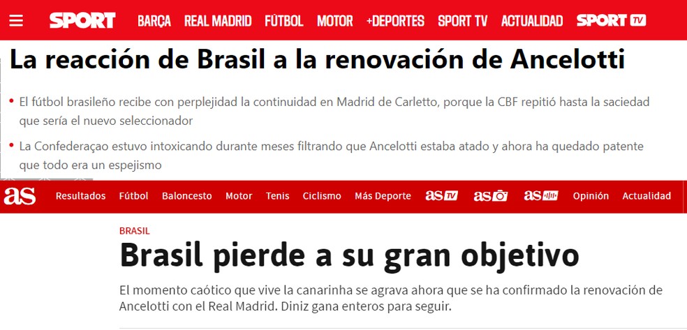 Manchetes de jornais espanhóis sobre a situação da seleção brasileira — Foto: Reprodução