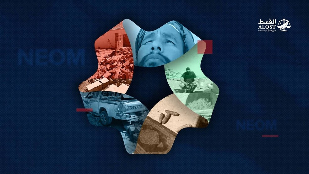 Poster de grupo ativista refaz o logotipo do projeto Neom com imagens de denúncias — Foto: Divulgação / ALQST
