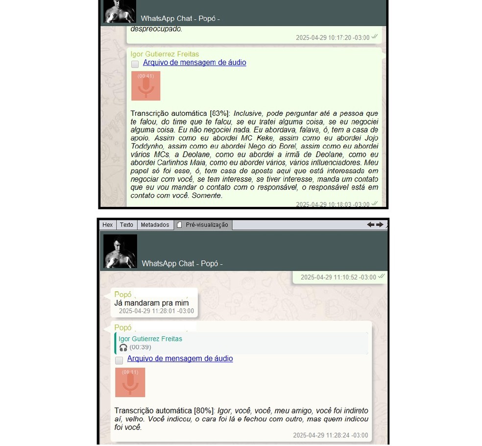 Conversa entre Popó e o filho, Igor Freitas, em investigação do MP-PR — Foto: Reprodução