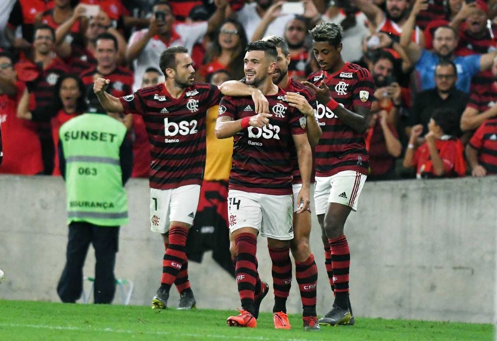 Arrascaeta vibra com um gol em Flamengo x San Jose em 2019 &mdash; Foto: Alexandre Dur&atilde;o