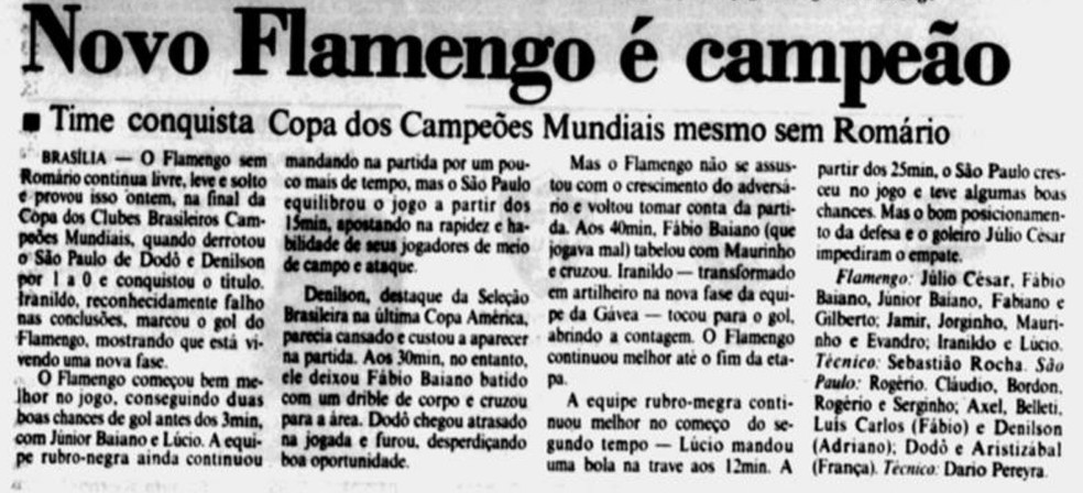 Jornal do Brasil destaca título do Flamengo na Copa dos Campeões Mundiais em 97