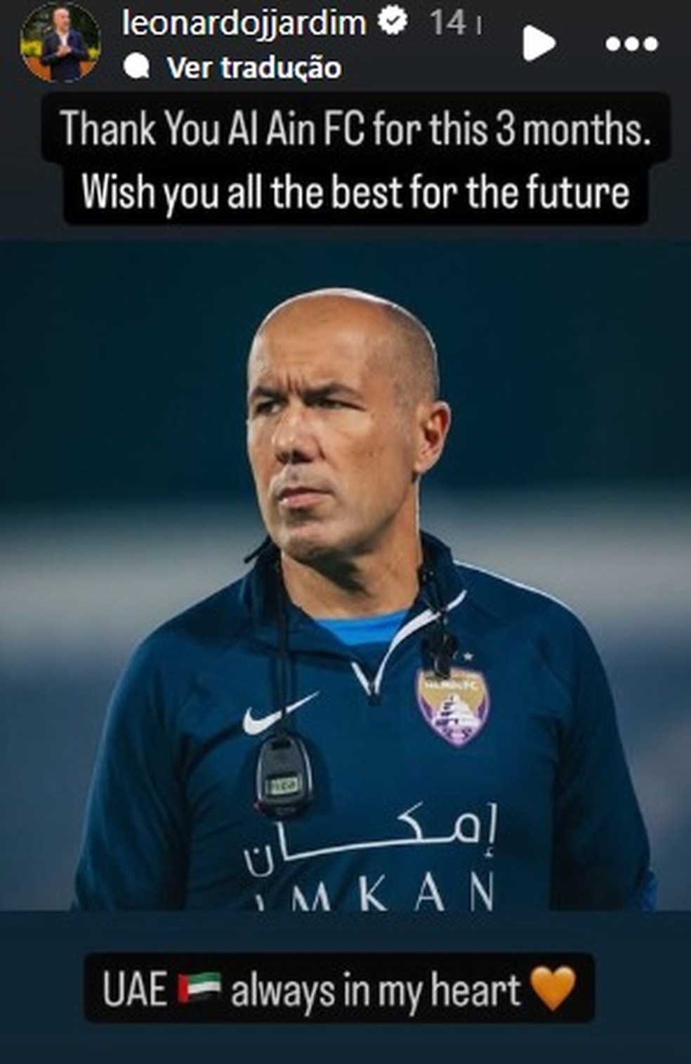 Leonardo Jardim se despediu do Al Ain nas redes sociais — Foto: Reprodução