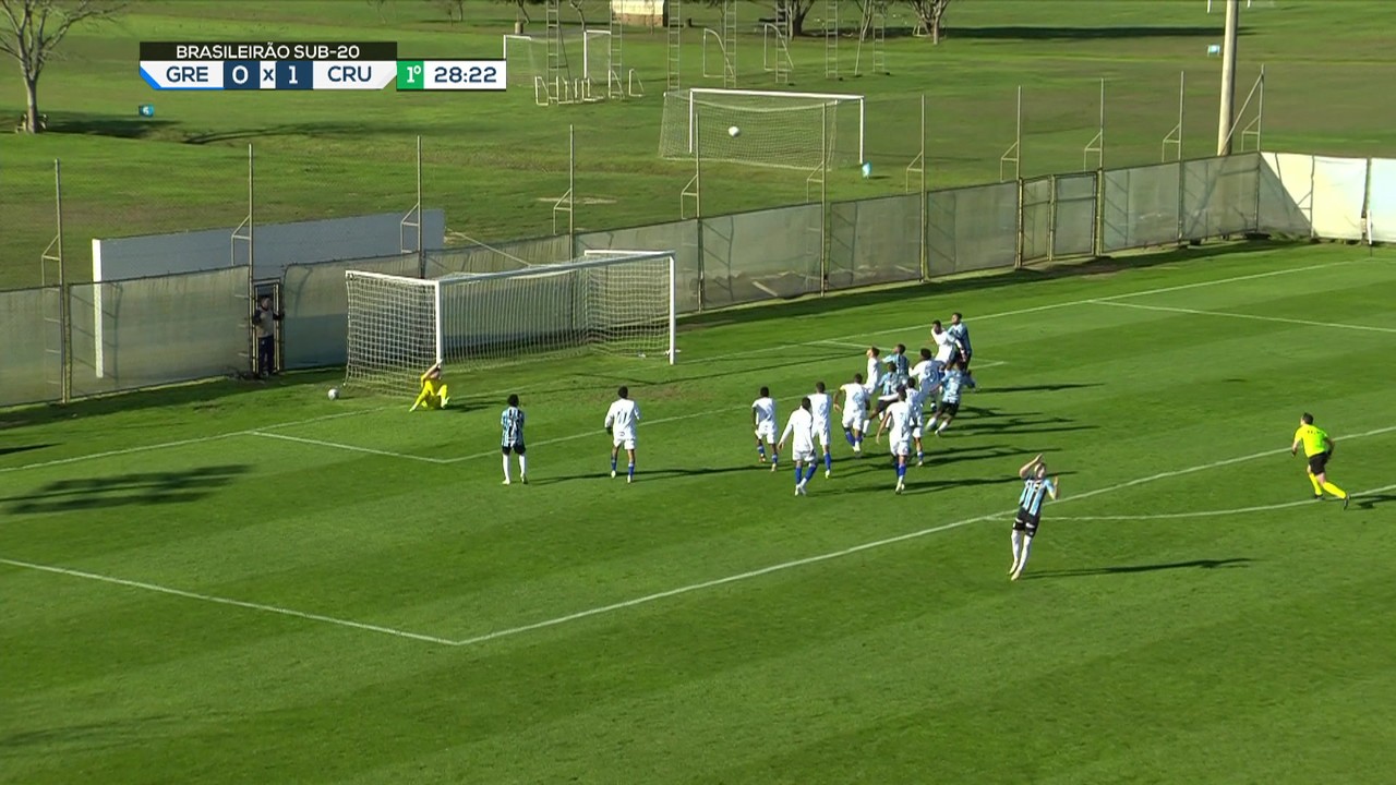 Aos 28min do 1° tempo - Igor, do Grêmio, cobra falta no ângulo e acerta o travessão