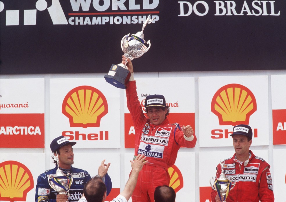 Ayrton Senna no GP do Brasil em 1991, ano de seu terceiro título  — Foto: Pascal Rondeau/ALLSPORT