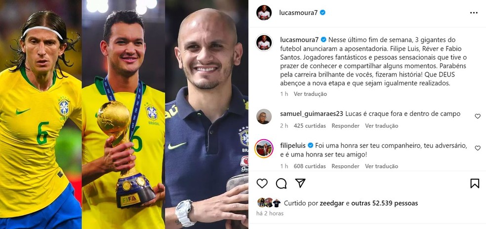 Lucas parabeniza Filipe Luís, Réver e Fábio Santos — Foto: Reprodução