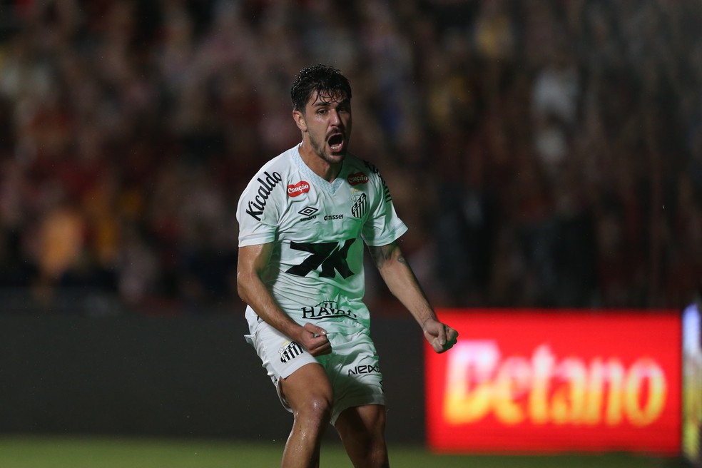 João Basso comemora gol de empate do Santos com o Sport — Foto: Marlon Costa/AGIF