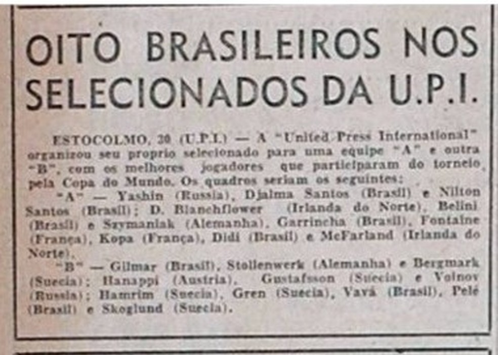 Seleção da Copa de 1958 conforme a UPI