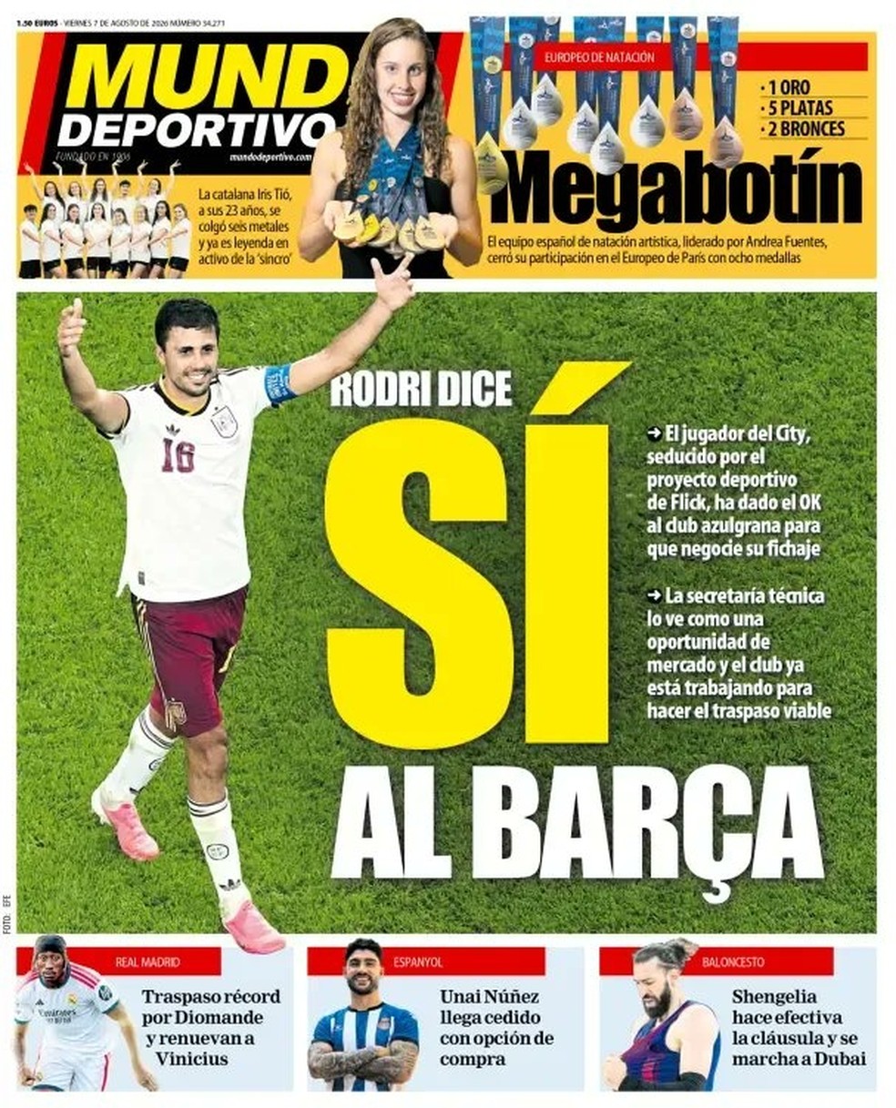 “Sim” de Rodri ao Barcelona agita imprensa espanhola — Foto: Reprodução