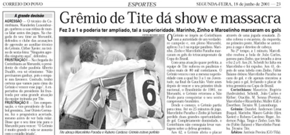 Correio do Povo, do Rio Grande do Sul, falou em show do Grêmio de Tite