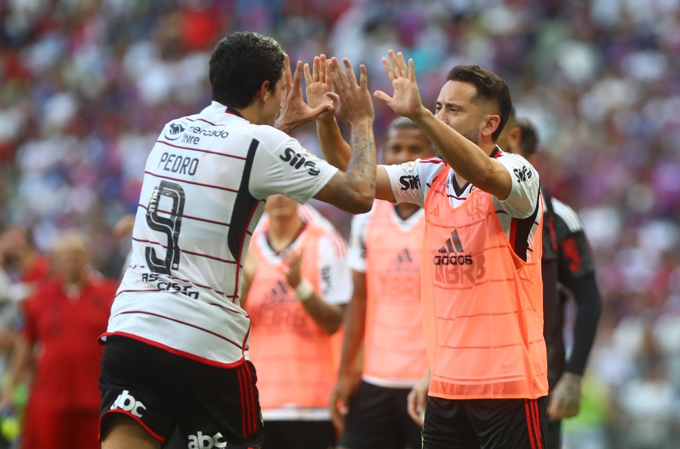 Pedro comemora gol com Éverton Ribeiro em Fortaleza x Flamengo — Foto: Gilvan de Souza/Flamengo