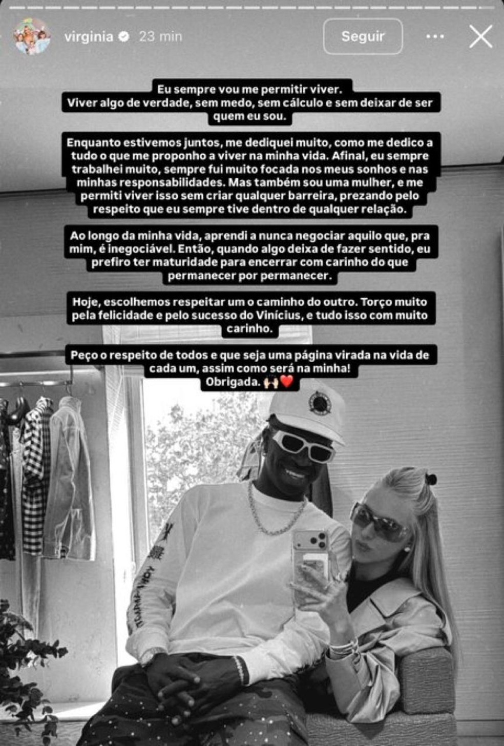 Vini Jr. e Virgina terminam o namoro — Foto: Reprodução / rede social