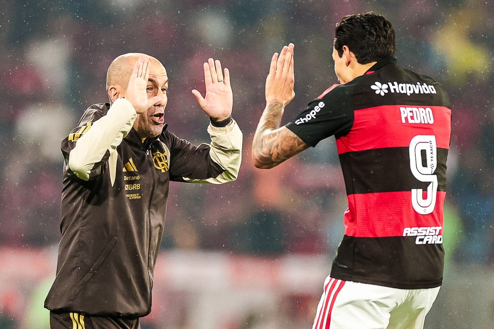Pedro comemora um gol com Leonardo Jardim no Flamengo � Foto: Gilvan de Souza / Flamengo