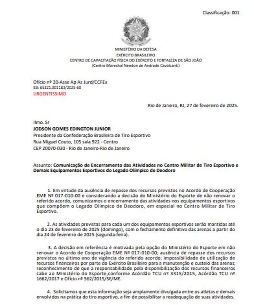 Parte do ofício do Exército informando do fechamento do Centro Militar de Tiro Esportivo — Foto: Reprodução