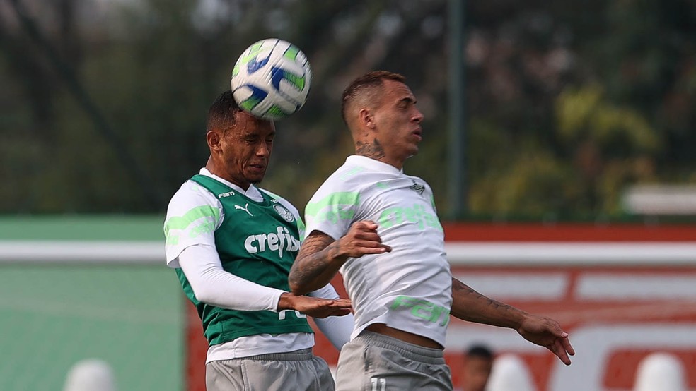 Michel e Breno Lopes em treino do Palmeiras na Academia de Futebol — Foto: Cesar Greco/Palmeiras