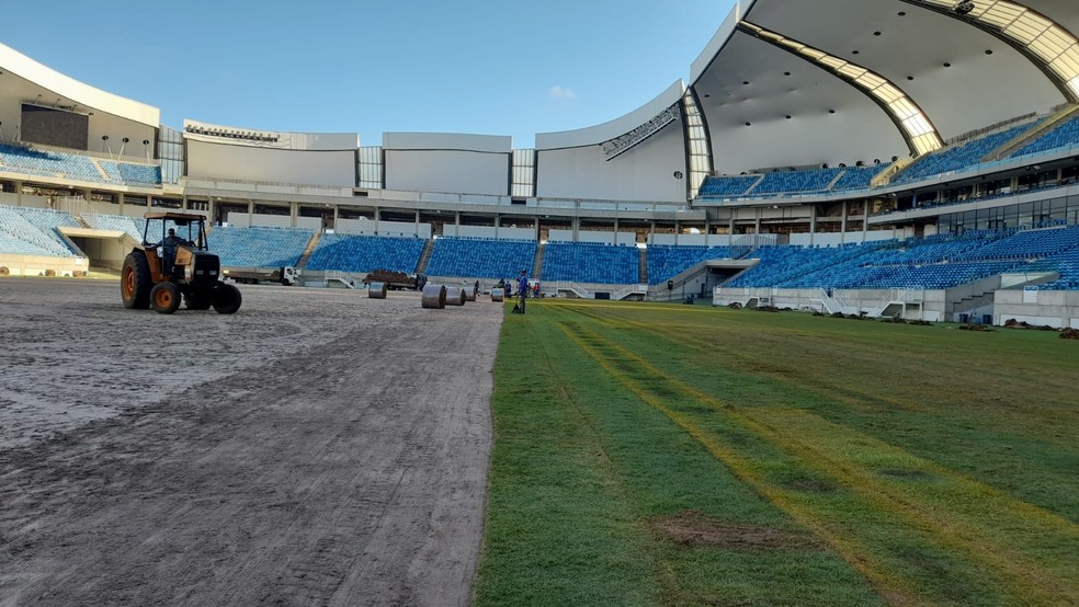 Arena das Dunas instala novo gramado — Foto: Vanessa Camilo/Inter TV Cabugi