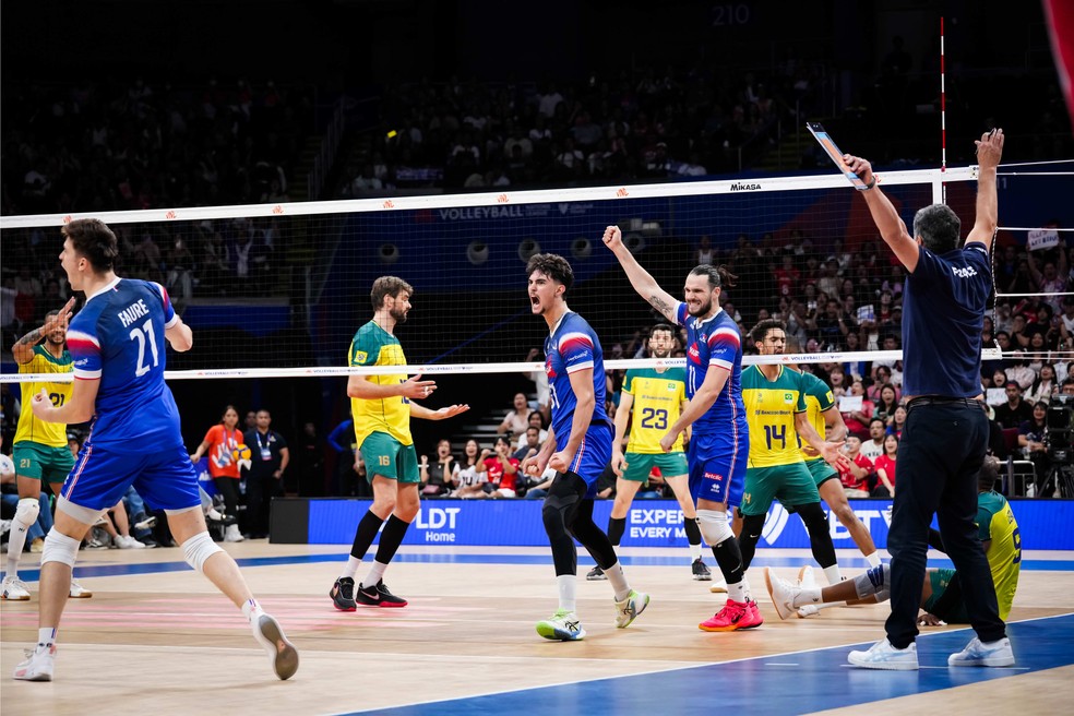 Jogadores da França comemoram ponto diante da seleção brasileira — Foto: Volleyball World