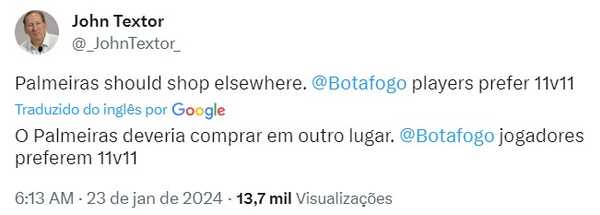 Textor ataca Palmeiras após notícia de interesse em Júnior Santos, do Botafogo: 