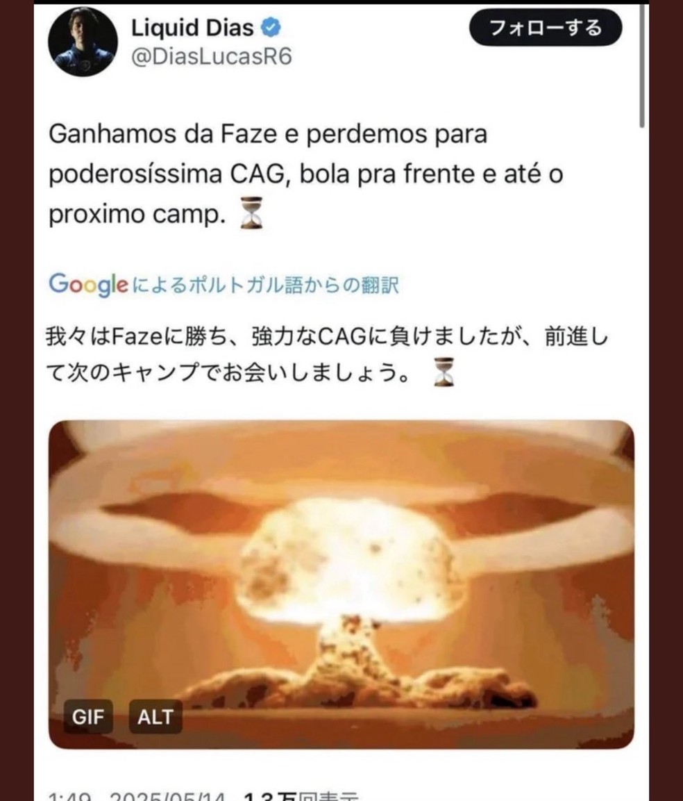 Publicação de jogador brasileiro de esports no X após derrota para time do Japão em campeonato de Rainbow Six — Foto: Reprodução/X