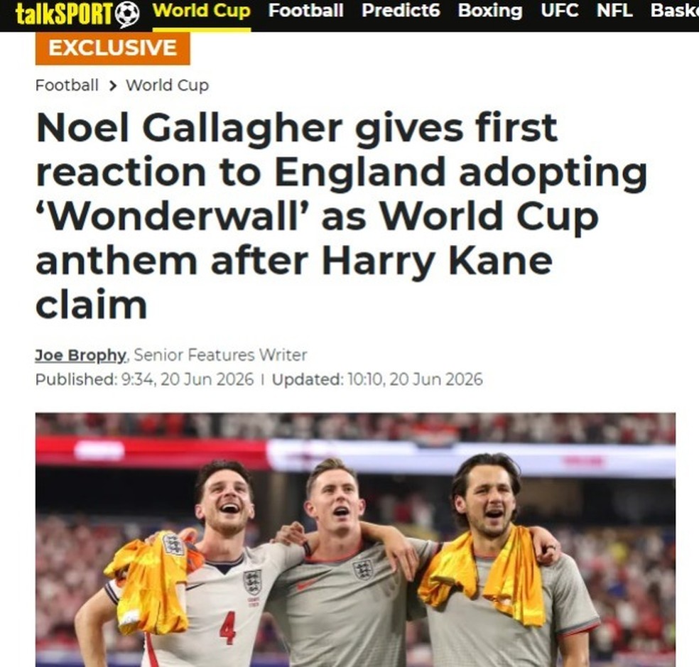 Wonderwall Inglaterra virou hit da Inglaterra na Copa