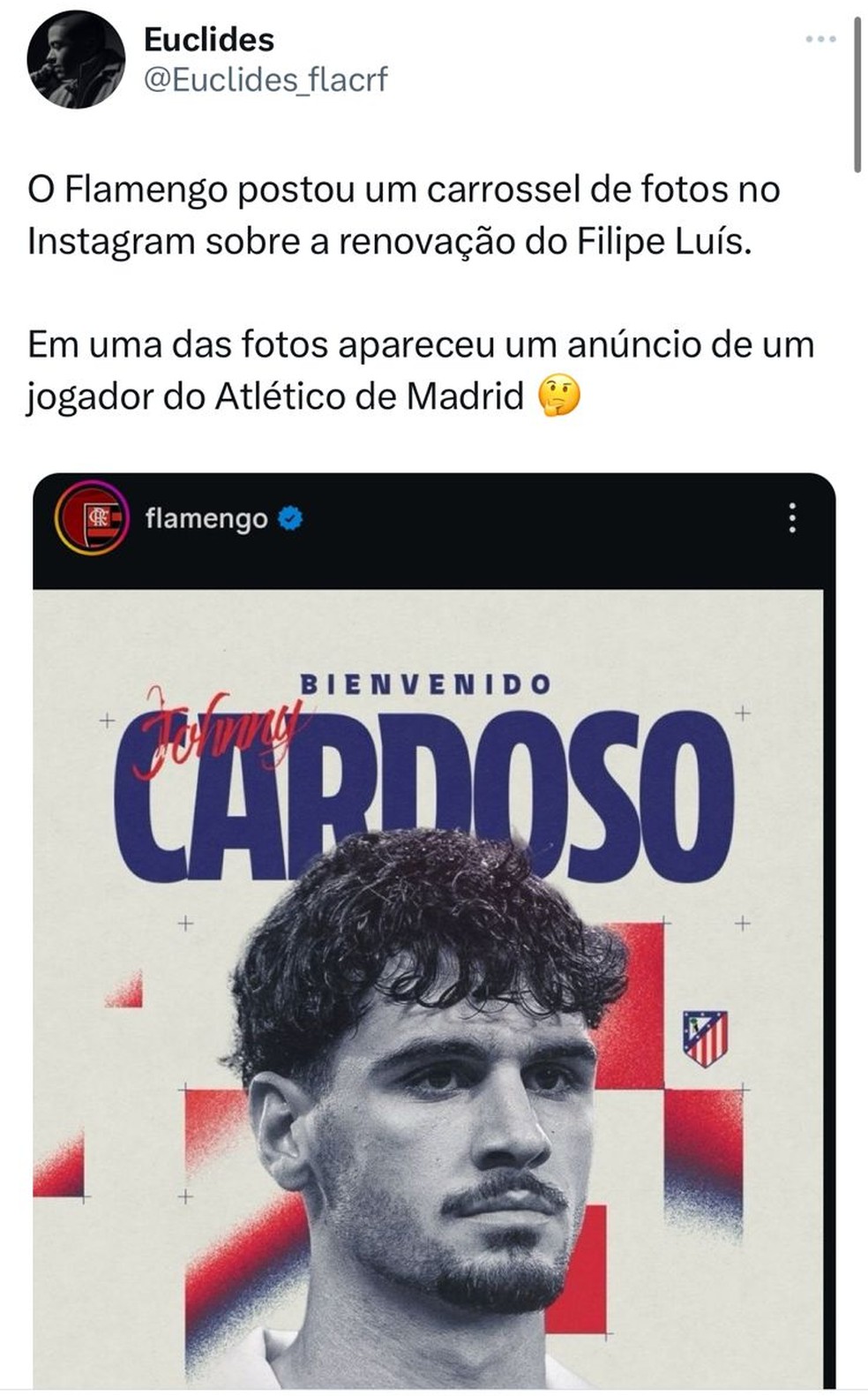 Print de Johnny Cardoso publicado pelo Flamengo  — Foto: Reprodução