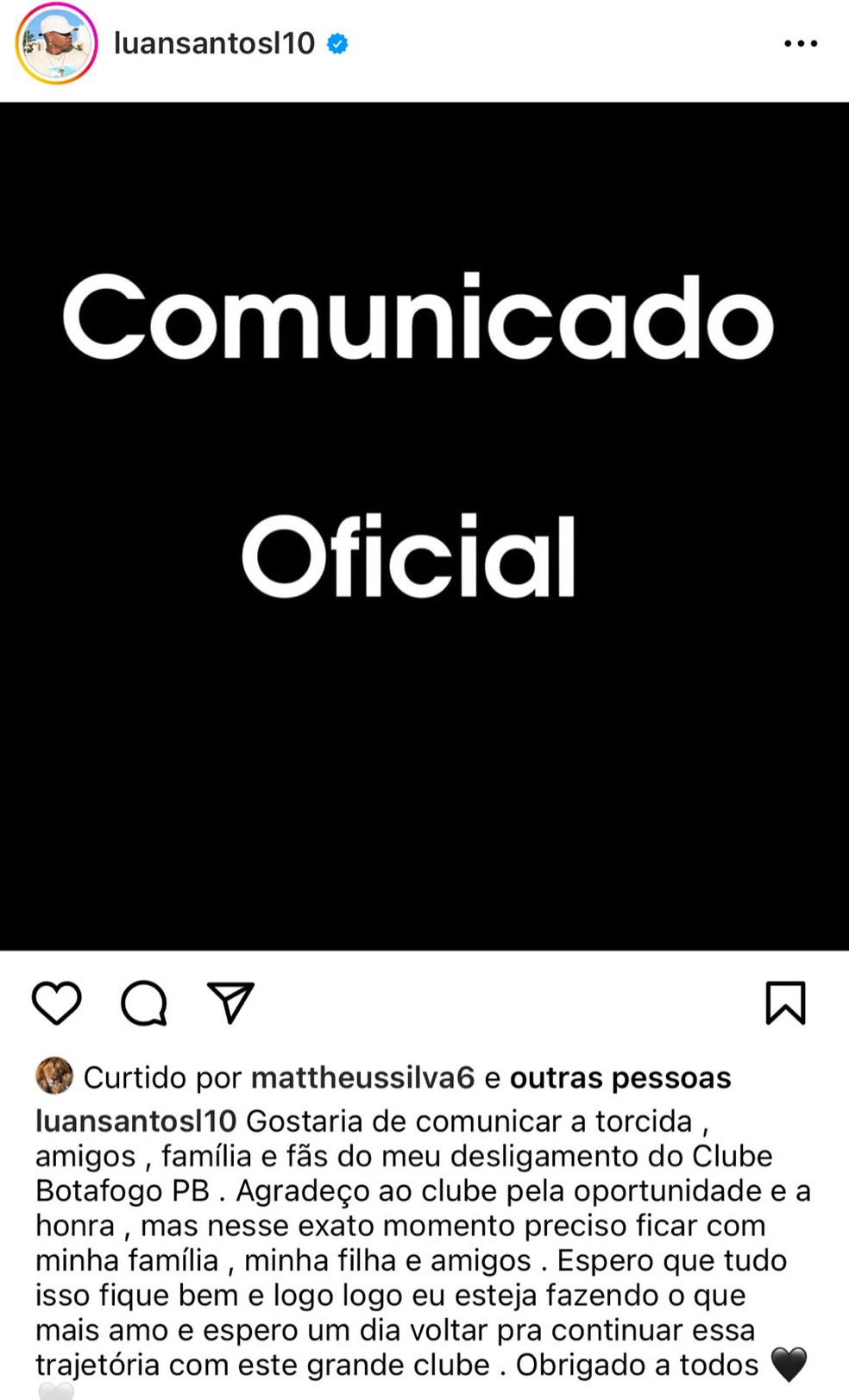 Publicação de Luan Santos anunciando a saída do Botafogo-PB — Foto: Reprodução/internet