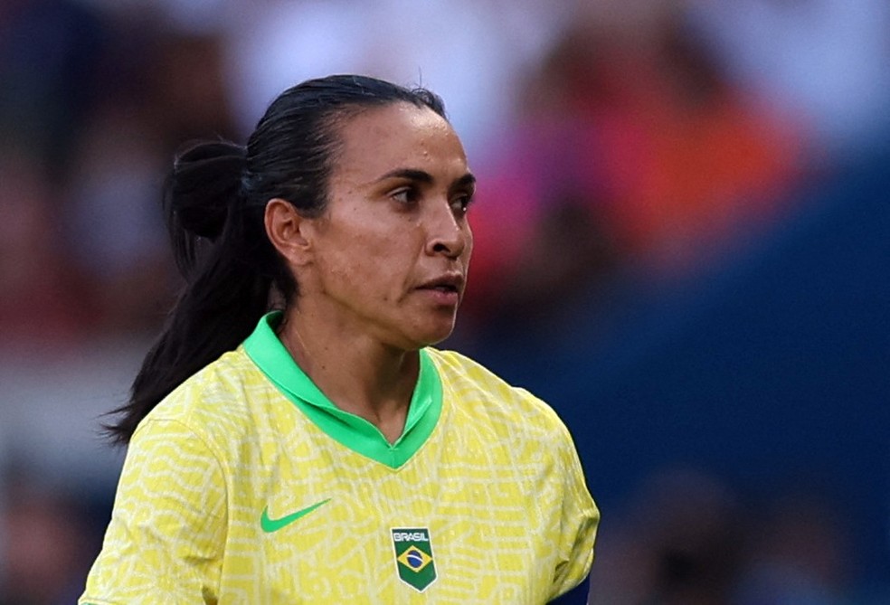 Marta em ação em Brasil x Estados Unidos, na final do futebol feminino nas Olimpíadas de Paris — Foto: Reuters