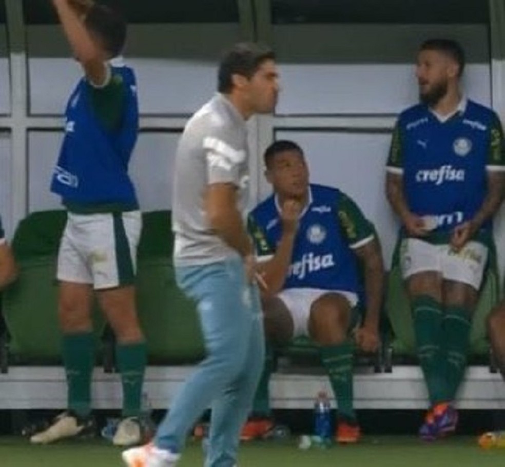 Abel Ferreira, do Palmeiras, faz gesto obsceno ao reclamar da arbitragem — Foto: Reprodução