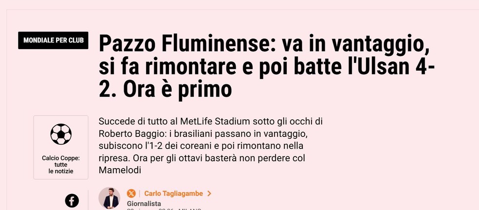 Gazeta Dello Sport, da Itália, define Flu como "doido" — Foto: Reprodução