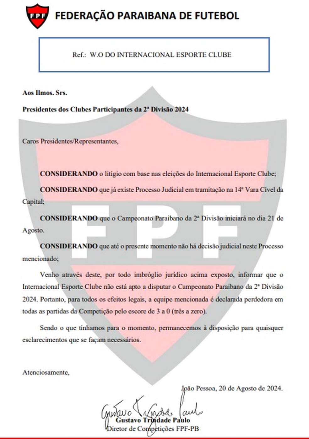 Nota da FPF-PB excluindo o Internacional-PB da 2ª divisão — Foto: Divulgação/FPF-PB