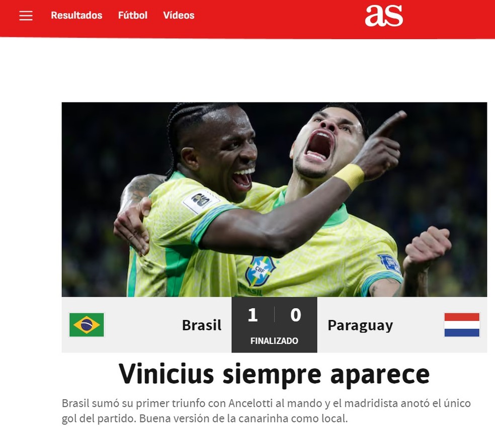Jornal As elogia atuação de Vini.Jr contra o Paraguai — Foto: Reprodução/As