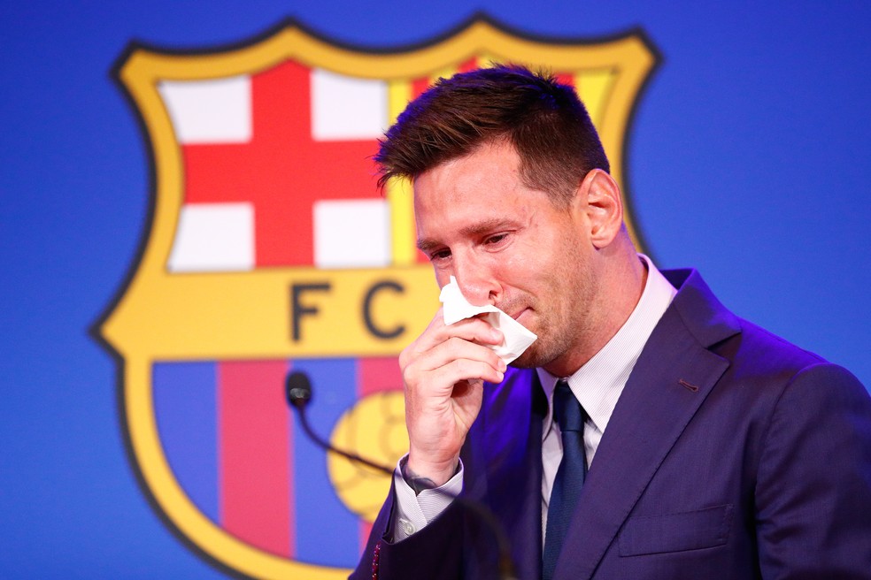 Lionel Messi em sua coletiva de despedida do Barcelona.